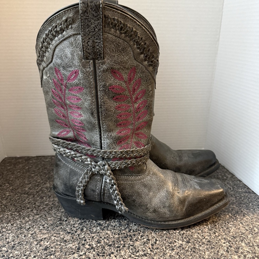 Laredo Embroidered Cowgirl Boots Women's 9 M Gray Leather Pink Fern 51148